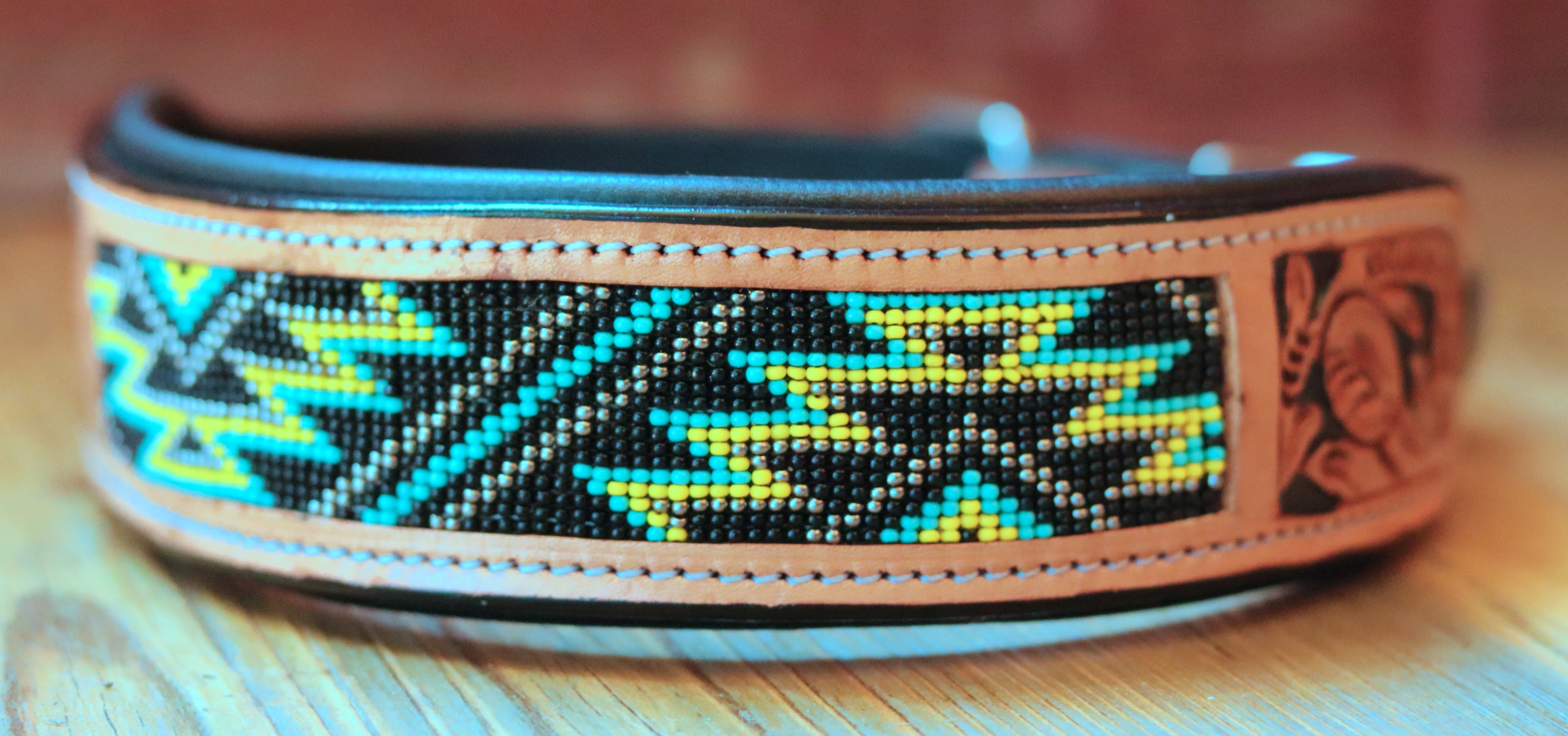Handcrafted Padded Leather Tooled Dog Collar with Yellow, Blue Beading