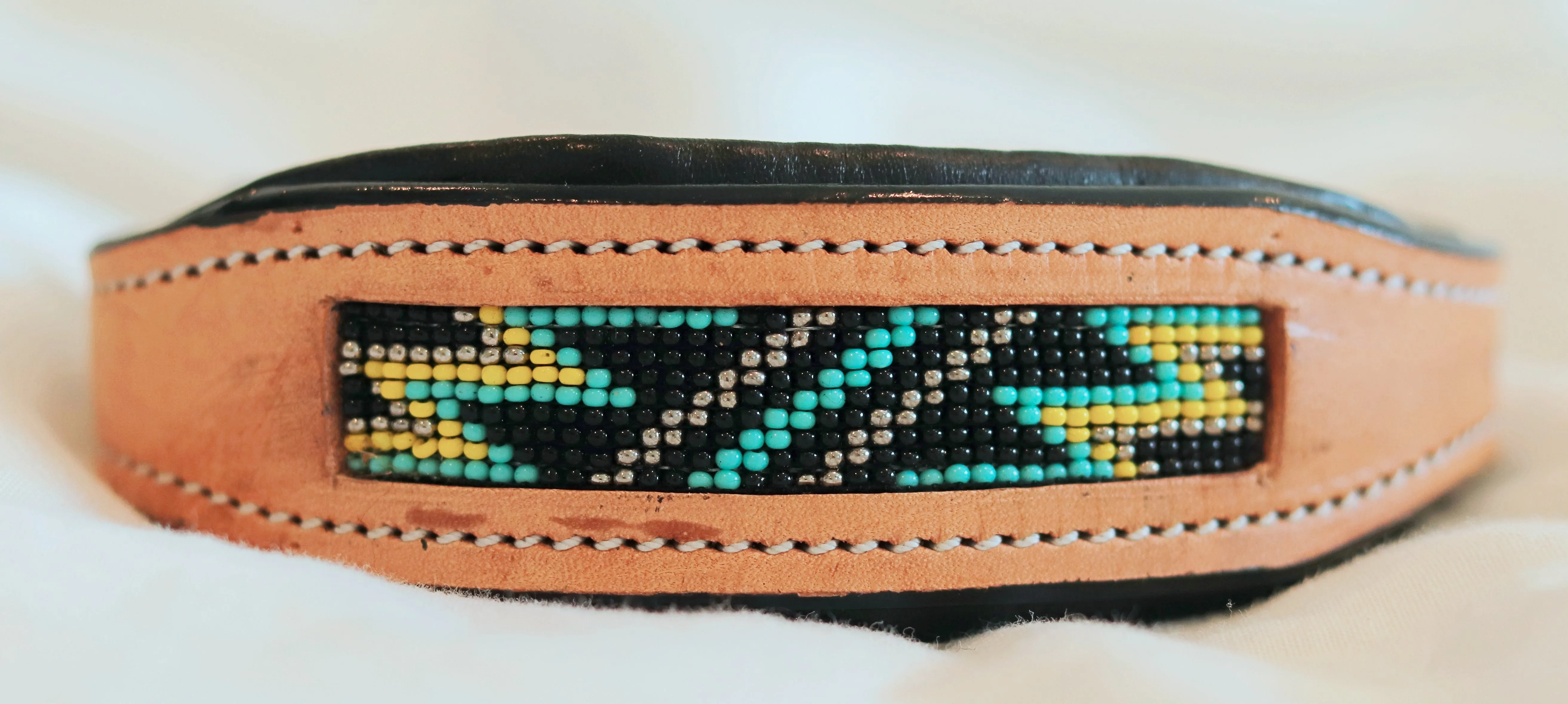 Handcrafted Padded Leather Tooled Dog Collar with Yellow, Blue Beading