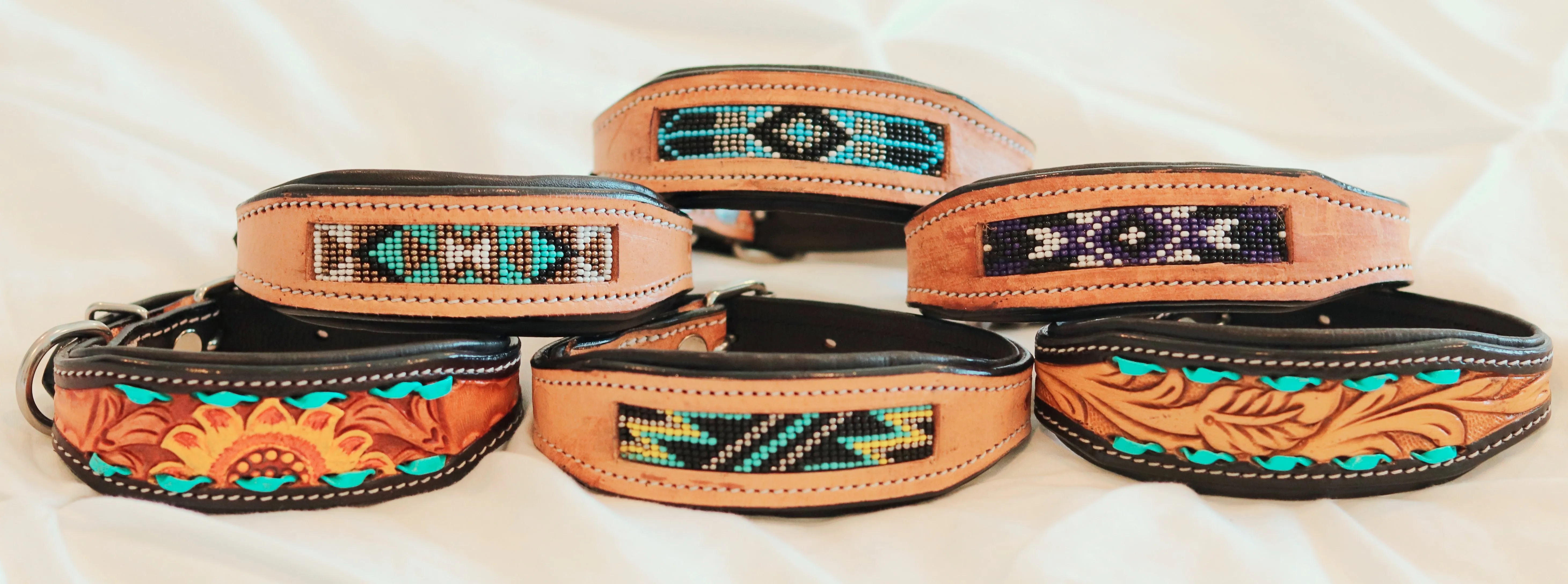 Handcrafted Padded Leather Tooled Dog Collar with Yellow, Blue Beading