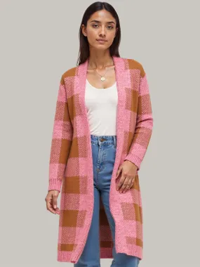 Knit Plaid Cardigan with Solid Hem Contrast