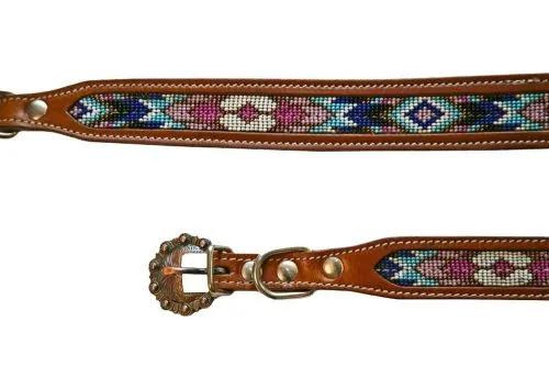 Leather dog collar features a medium leather with turquoise, pink and purple beaded inlay