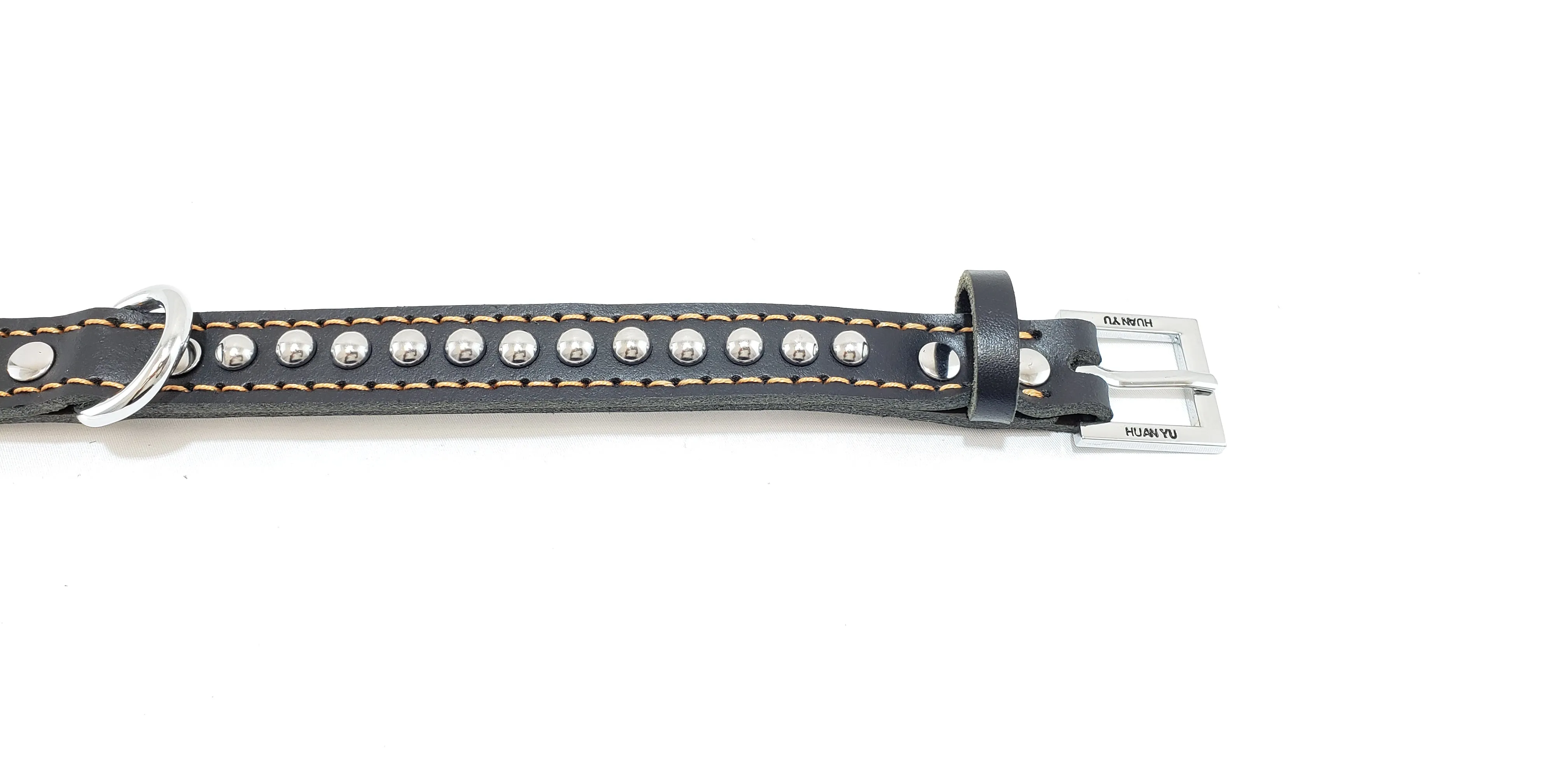 Leather Dog Collar with Single Line of Silver Chrome Buttons - Black - Medium
