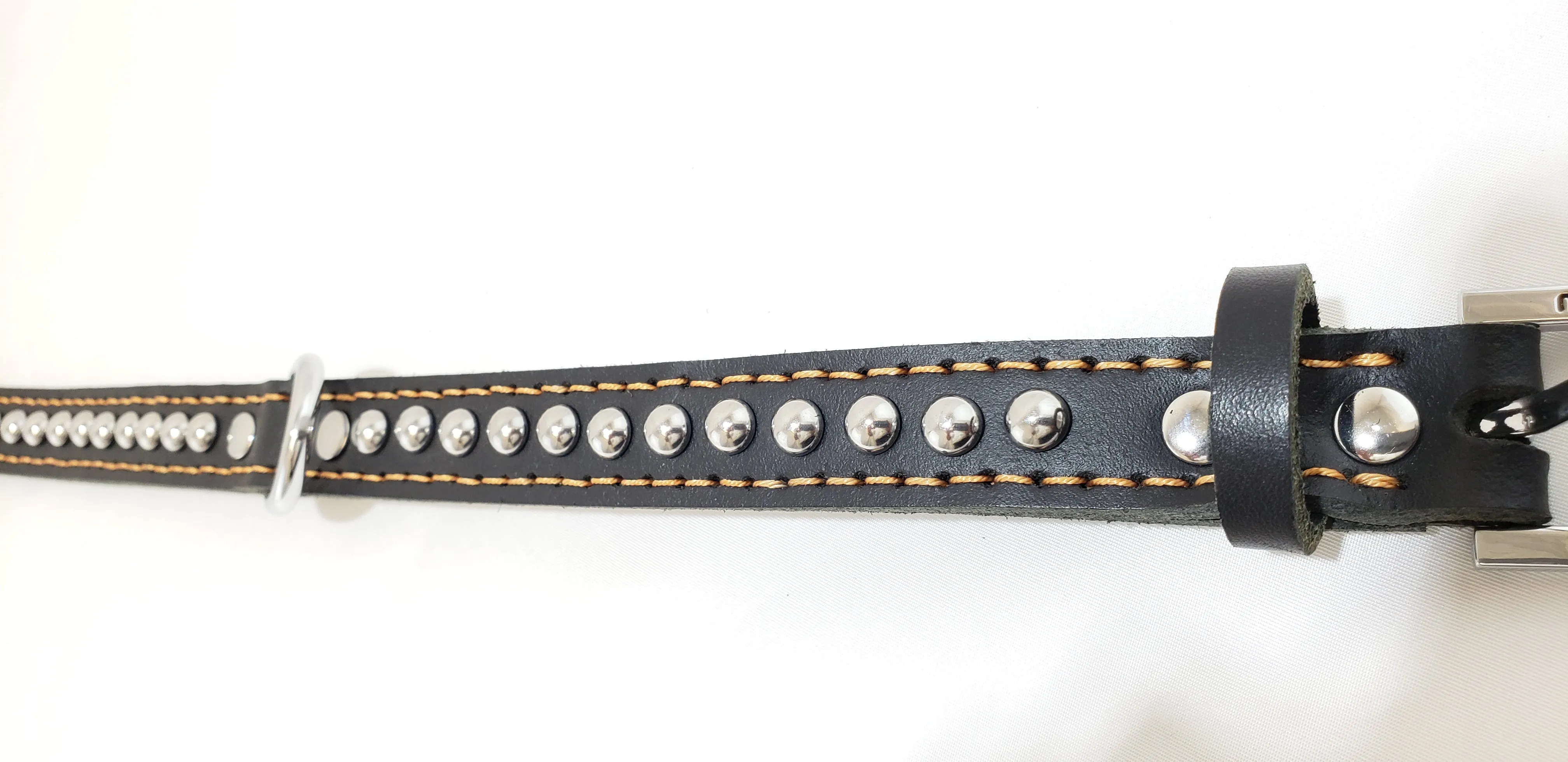 Leather Dog Collar with Single Line of Silver Chrome Buttons - Black - Medium