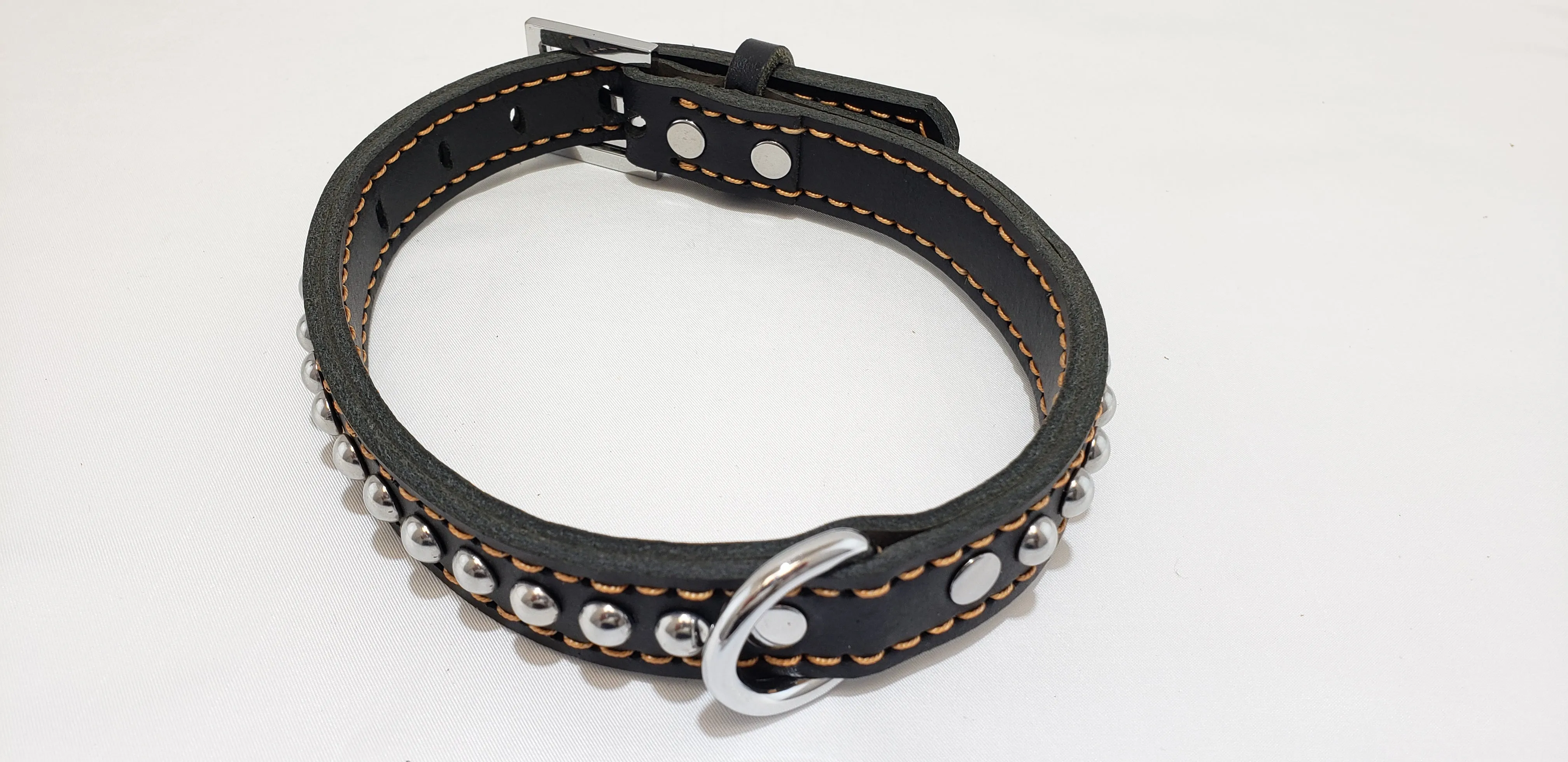 Leather Dog Collar with Single Line of Silver Chrome Buttons - Black - Medium