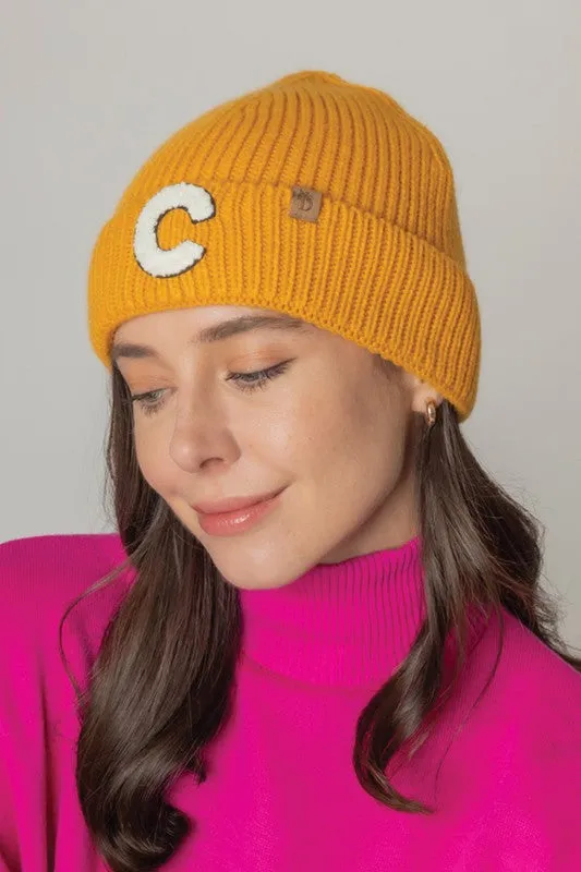 Letter C Chenille Patch Ribbed Cuff Beanie Hat