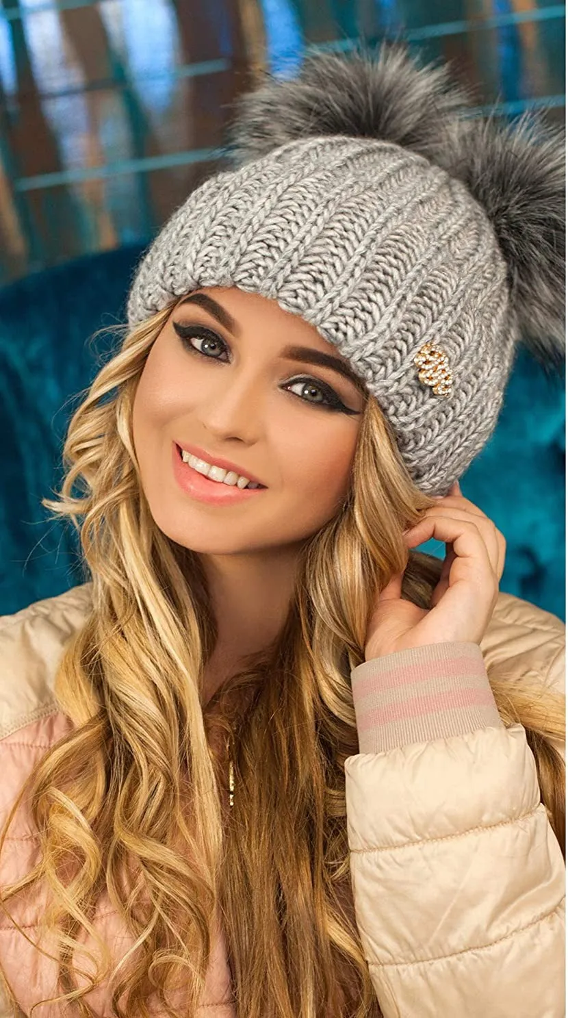 Light Grey Cable Knit Winter Warm Women's Fur Pom Pom Hat
