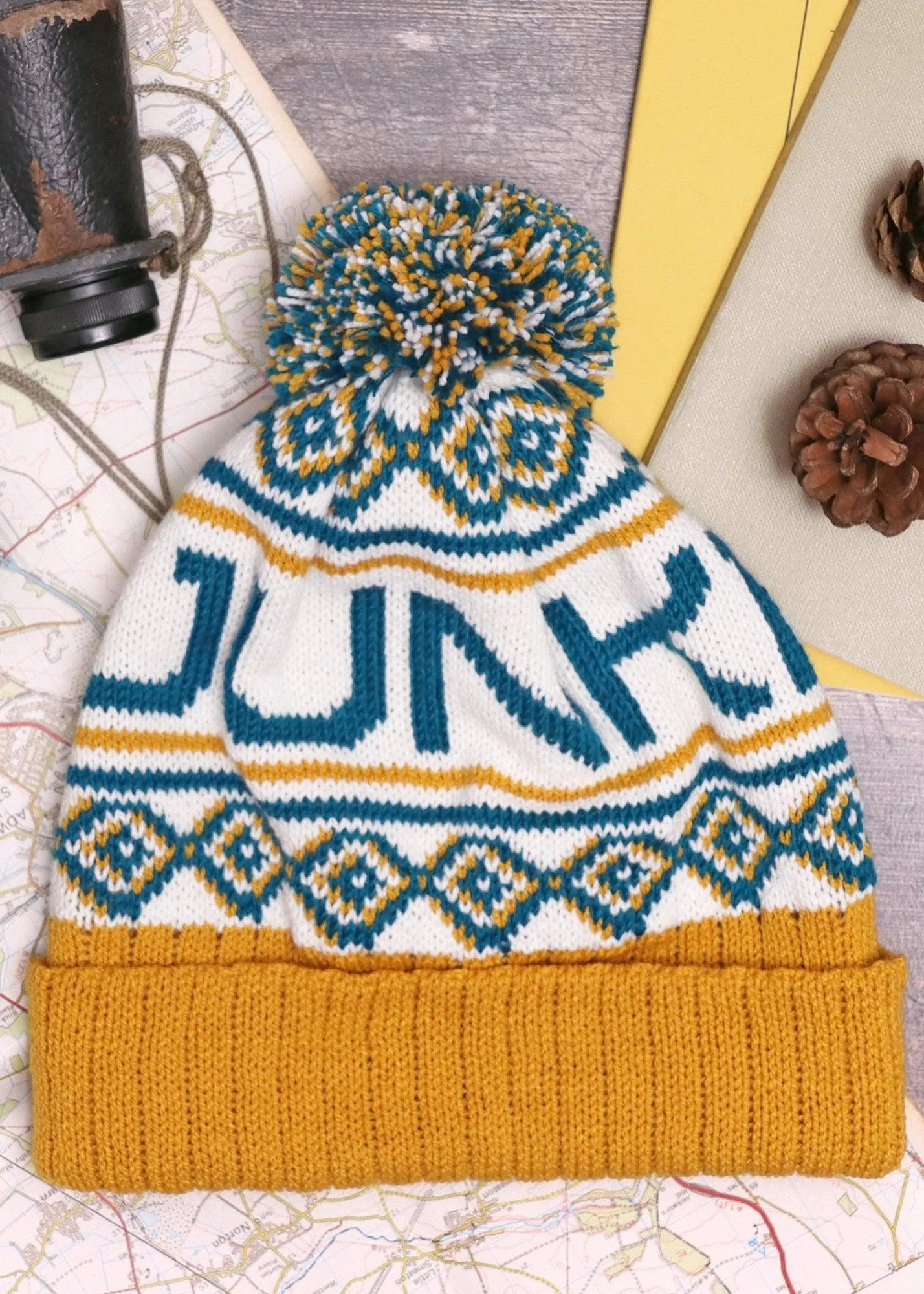Logo Bobble Hat in Teal & Mustard