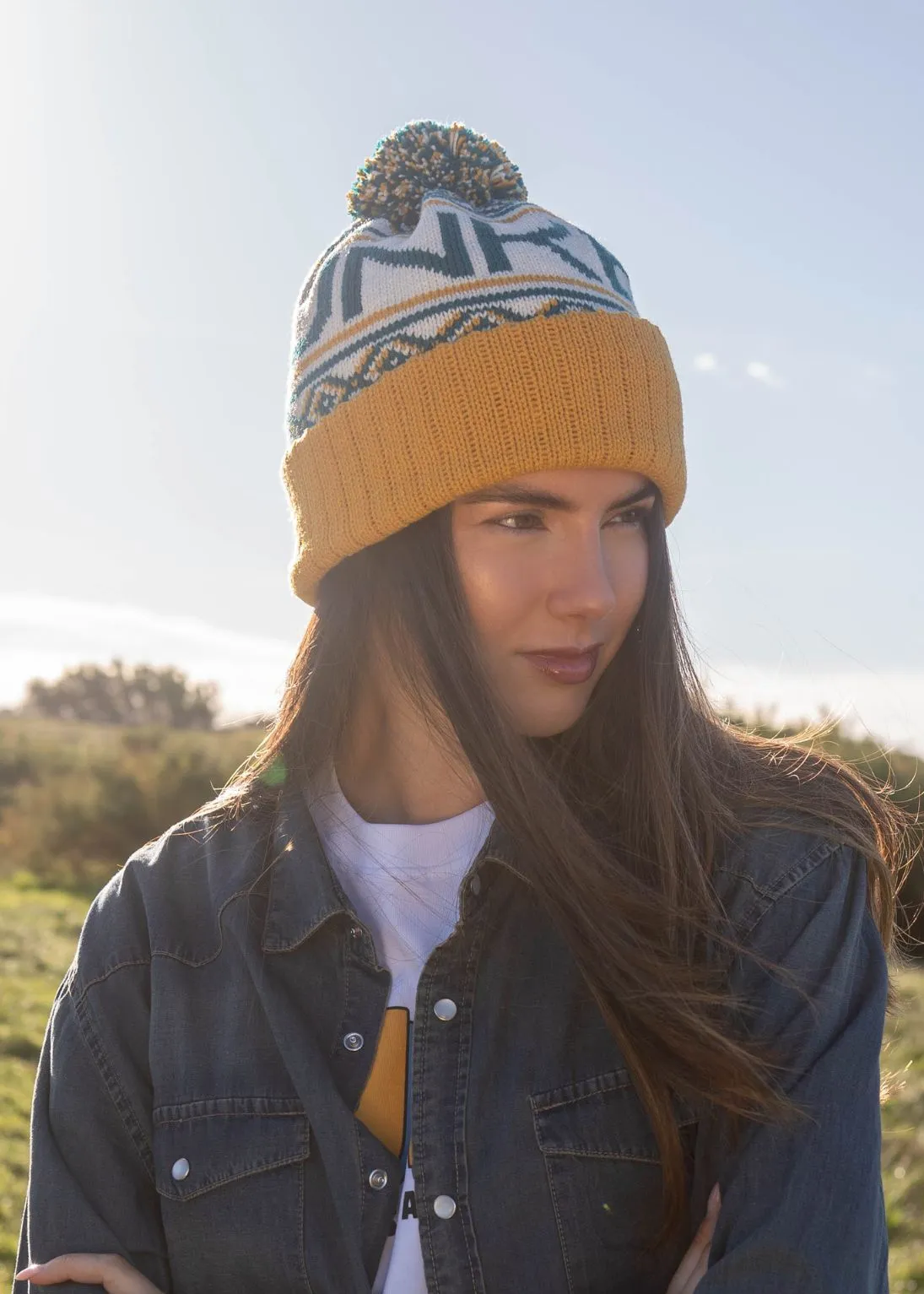 Logo Bobble Hat in Teal & Mustard