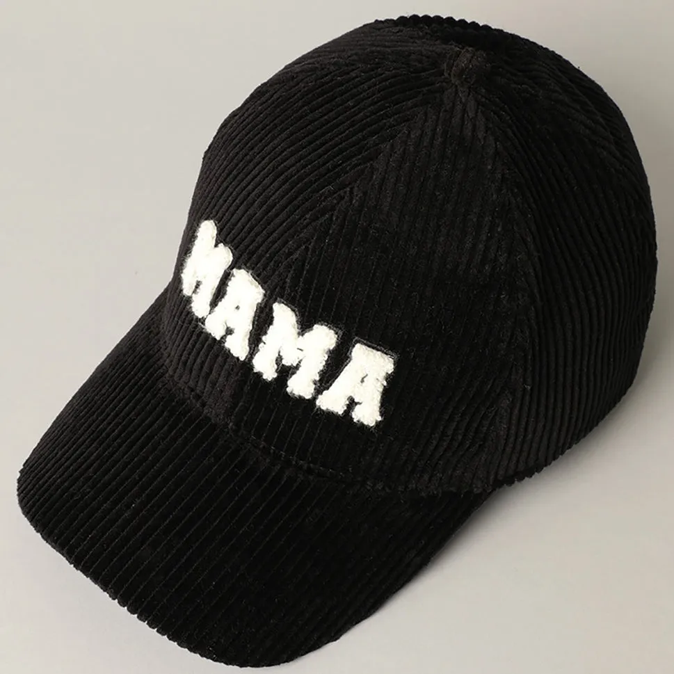 Mama Black Embroidered Corduroy Hat