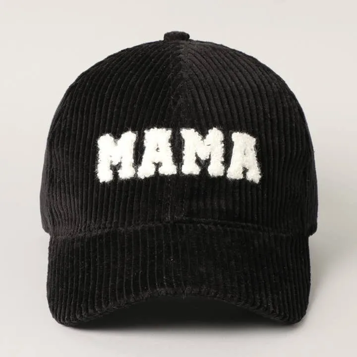 Mama Black Embroidered Corduroy Hat