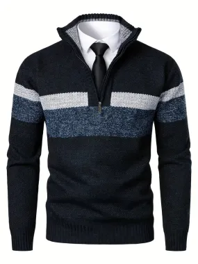Men's Trendy Striped Half-zip Jumper with Ribbed Cuff Hem | Ideal for Autumn/Winter