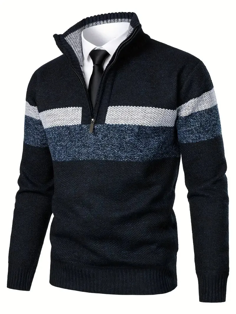 Men's Trendy Striped Half-zip Jumper with Ribbed Cuff Hem | Ideal for Autumn/Winter
