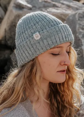 Merino Knit Double Cuff Beanie Hat in Blueberry & Cream