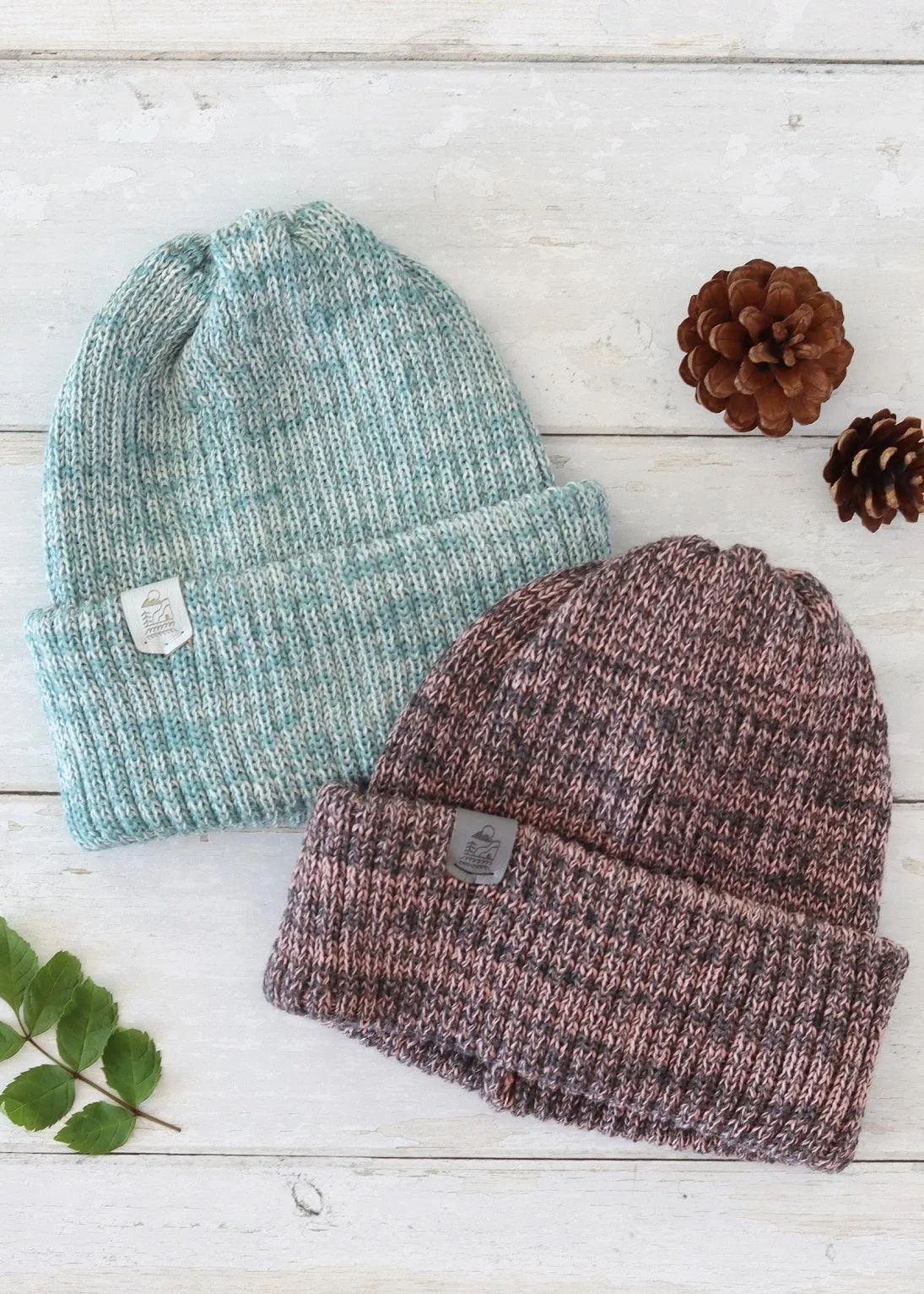 Merino Knit Double Cuff Beanie Hat in Blueberry & Cream