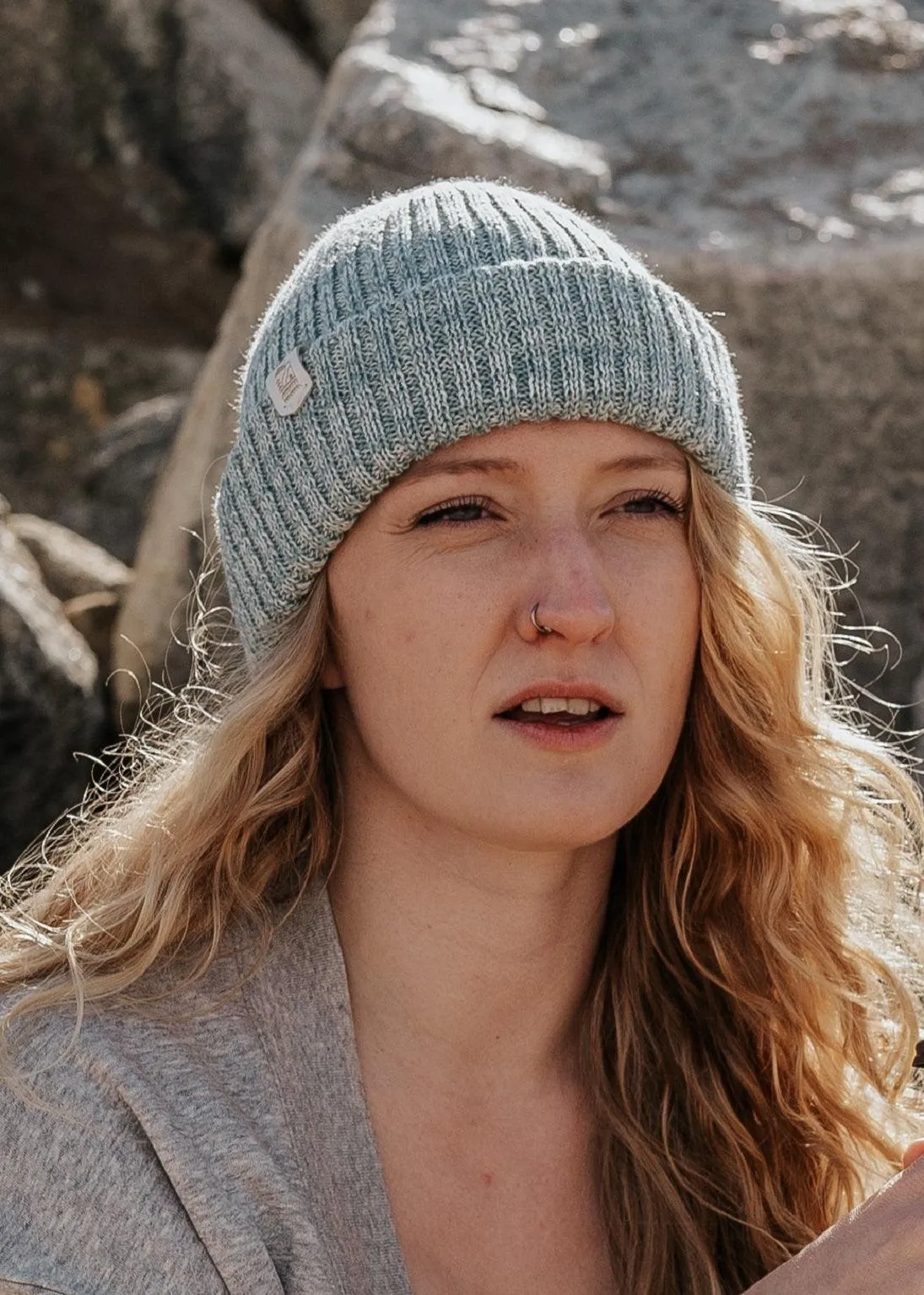 Merino Knit Double Cuff Beanie Hat in Blueberry & Cream