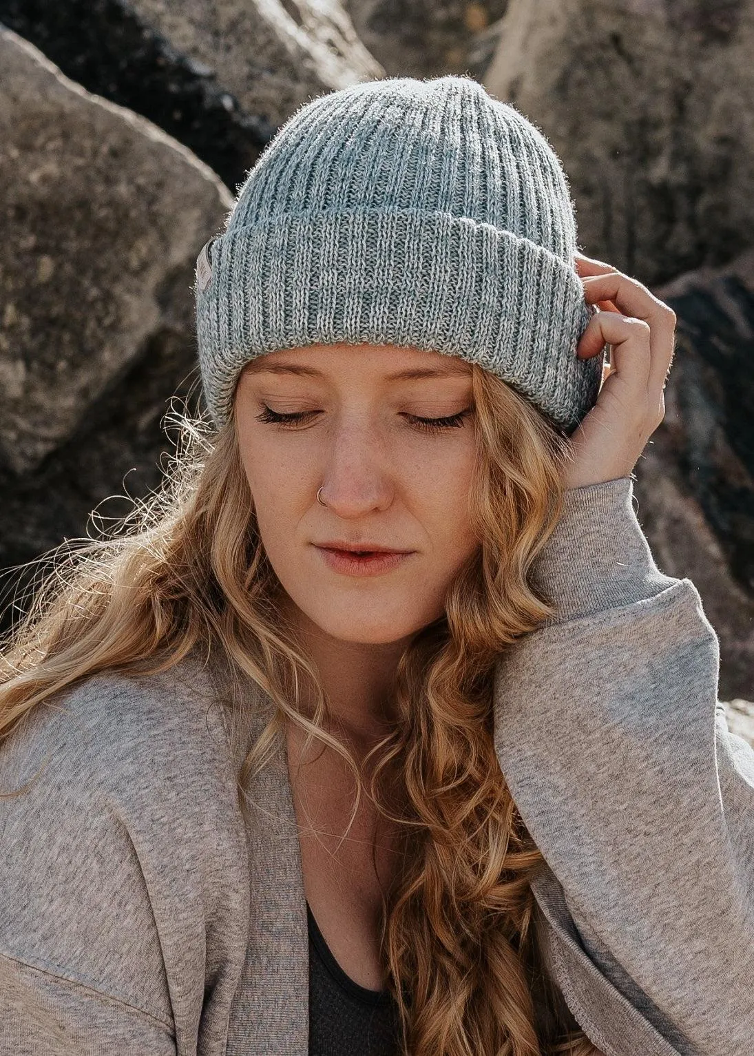 Merino Knit Double Cuff Beanie Hat in Blueberry & Cream