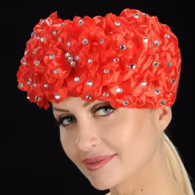 OE8006-Red pill box ladies church hat with flower pebbles and rhinestones