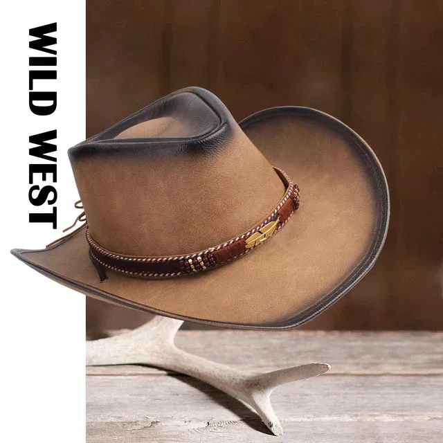 Premium Leather Western Cowboy Hat Wide Brim