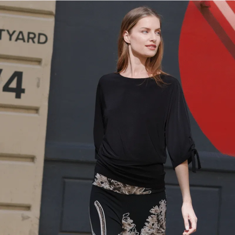 Pull-Tie Cuff Blouson Top - Black