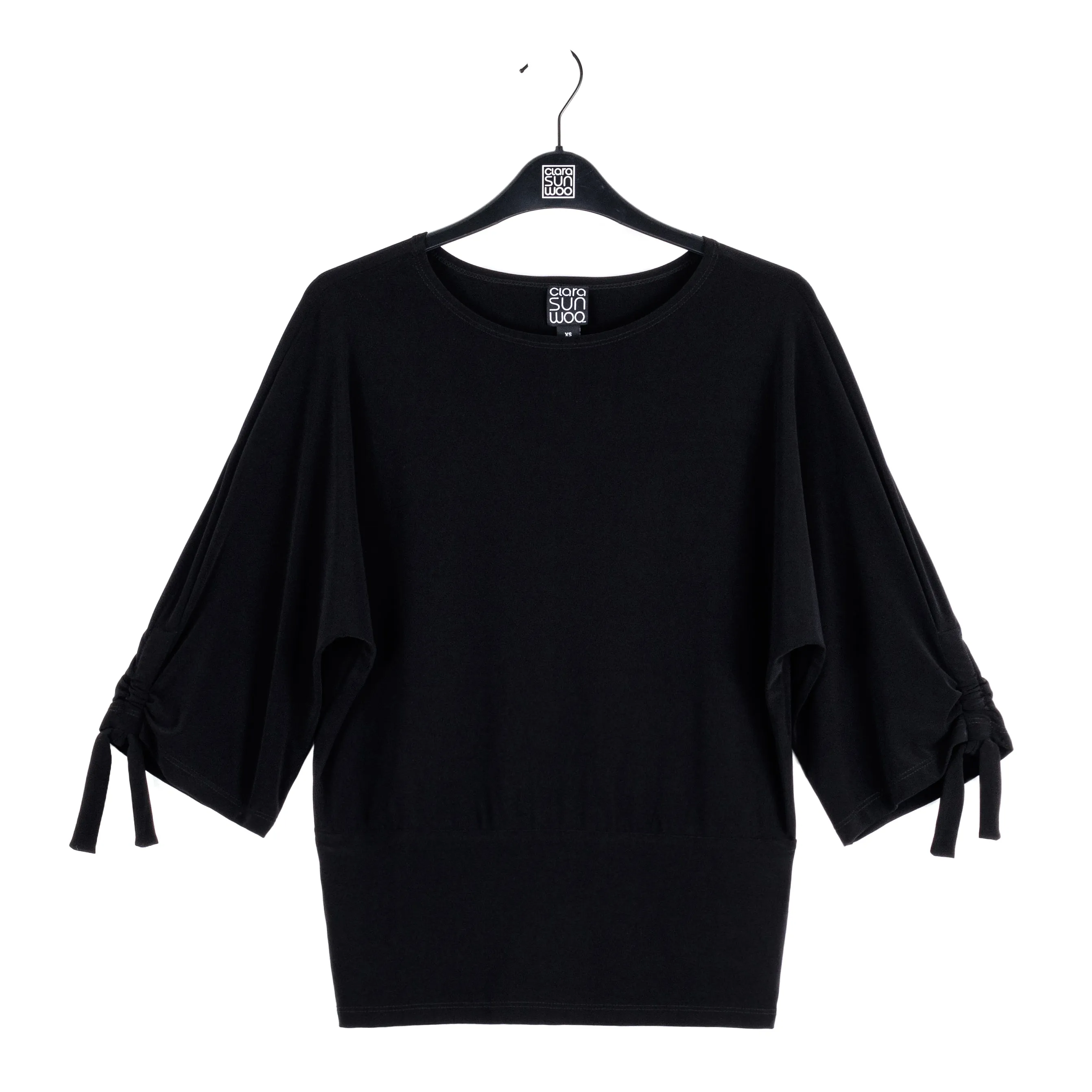 Pull-Tie Cuff Blouson Top - Black