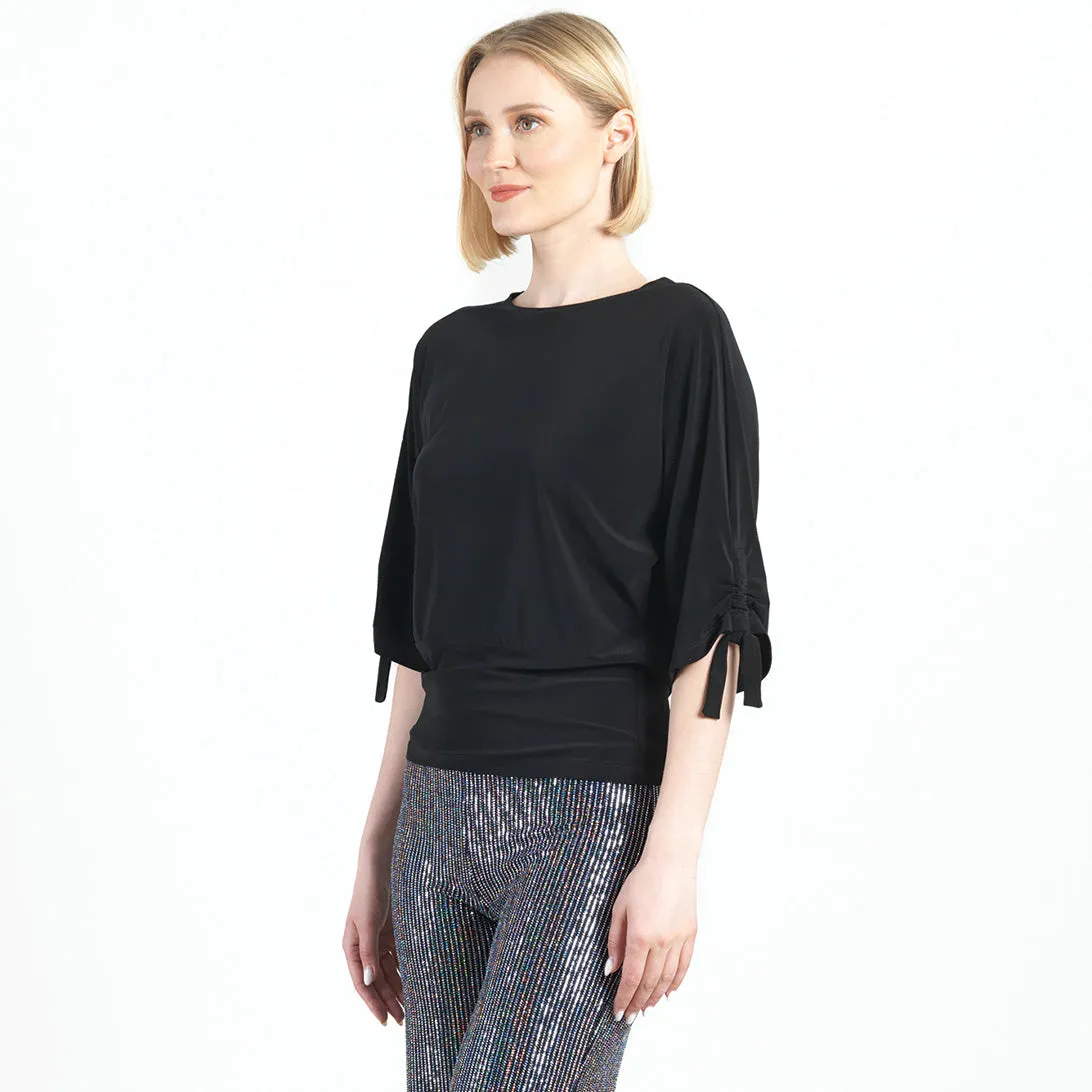 Pull-Tie Cuff Blouson Top - Black