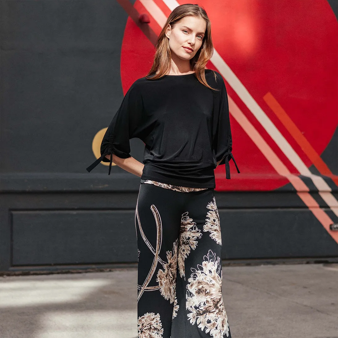 Pull-Tie Cuff Blouson Top - Black