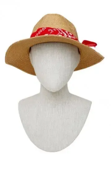 Red Bandana Fedora Straw Hat