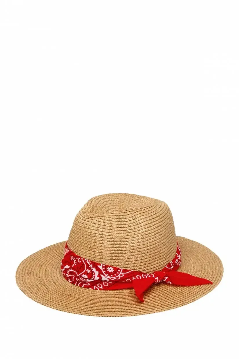 Red Bandana Fedora Straw Hat
