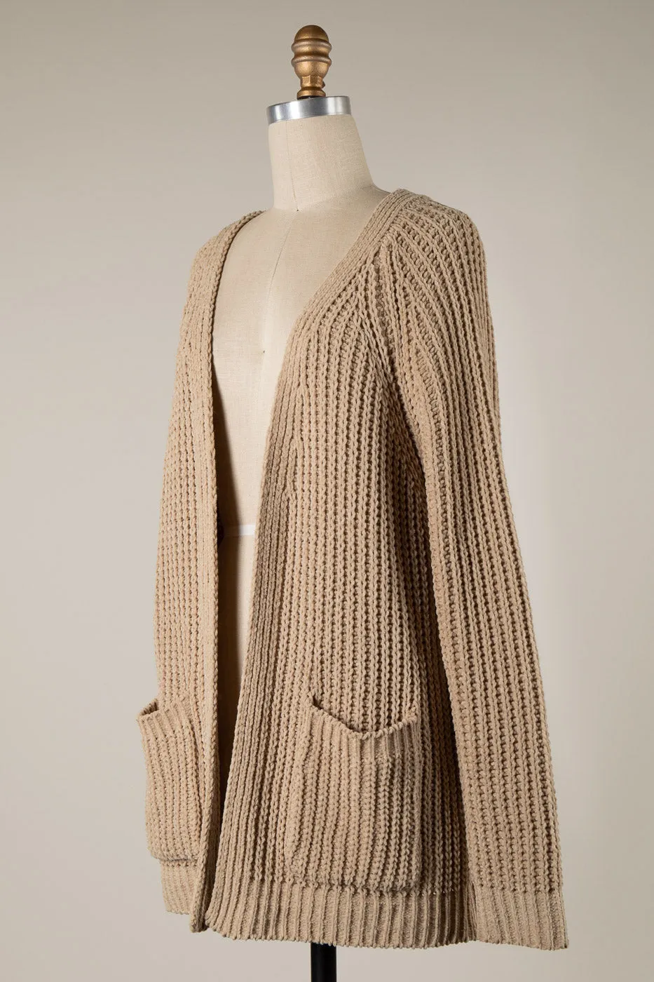 RIBBED TRIM CABLE KNIT CHENILLE CARDIGAN 1 PACK