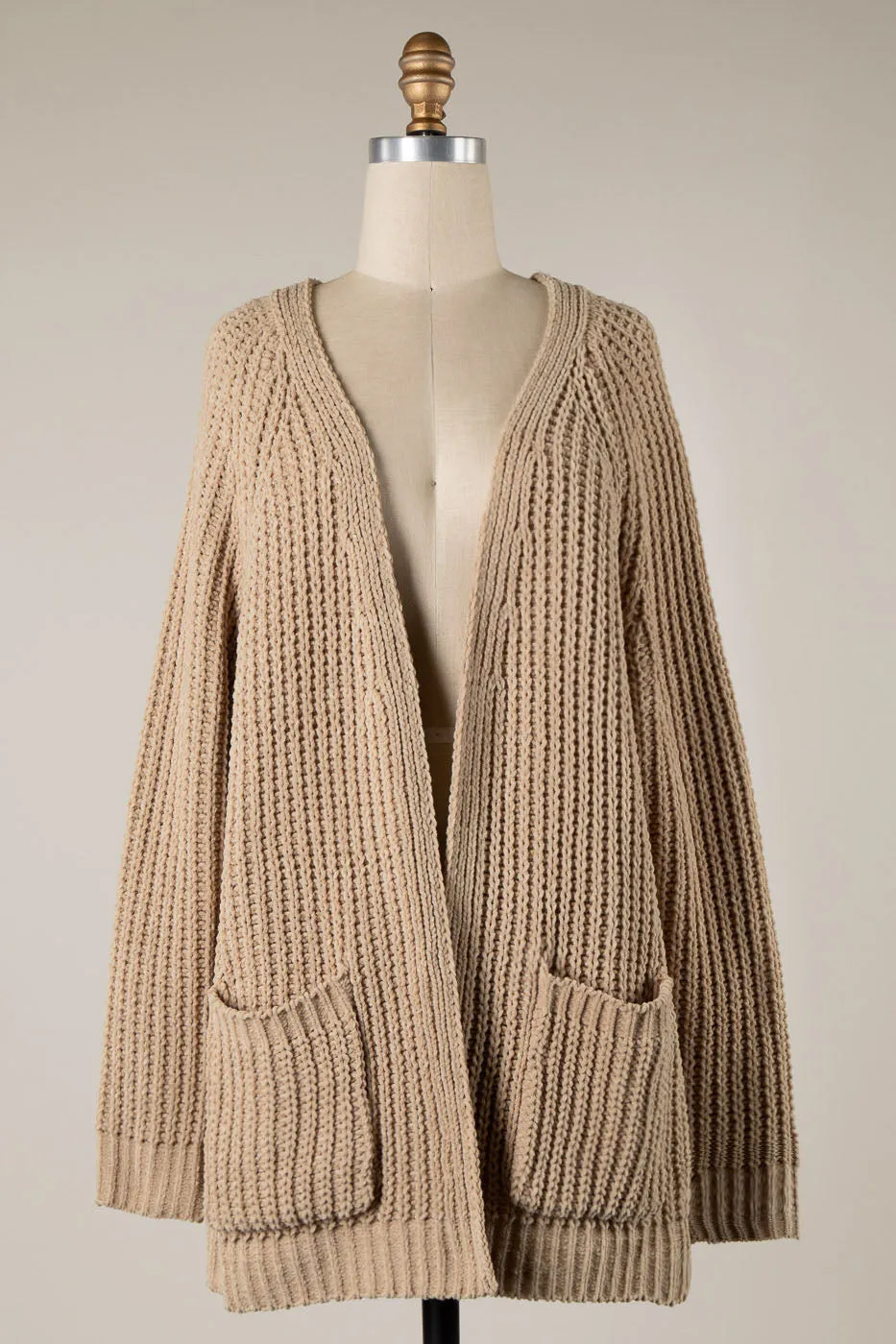RIBBED TRIM CABLE KNIT CHENILLE CARDIGAN 1 PACK