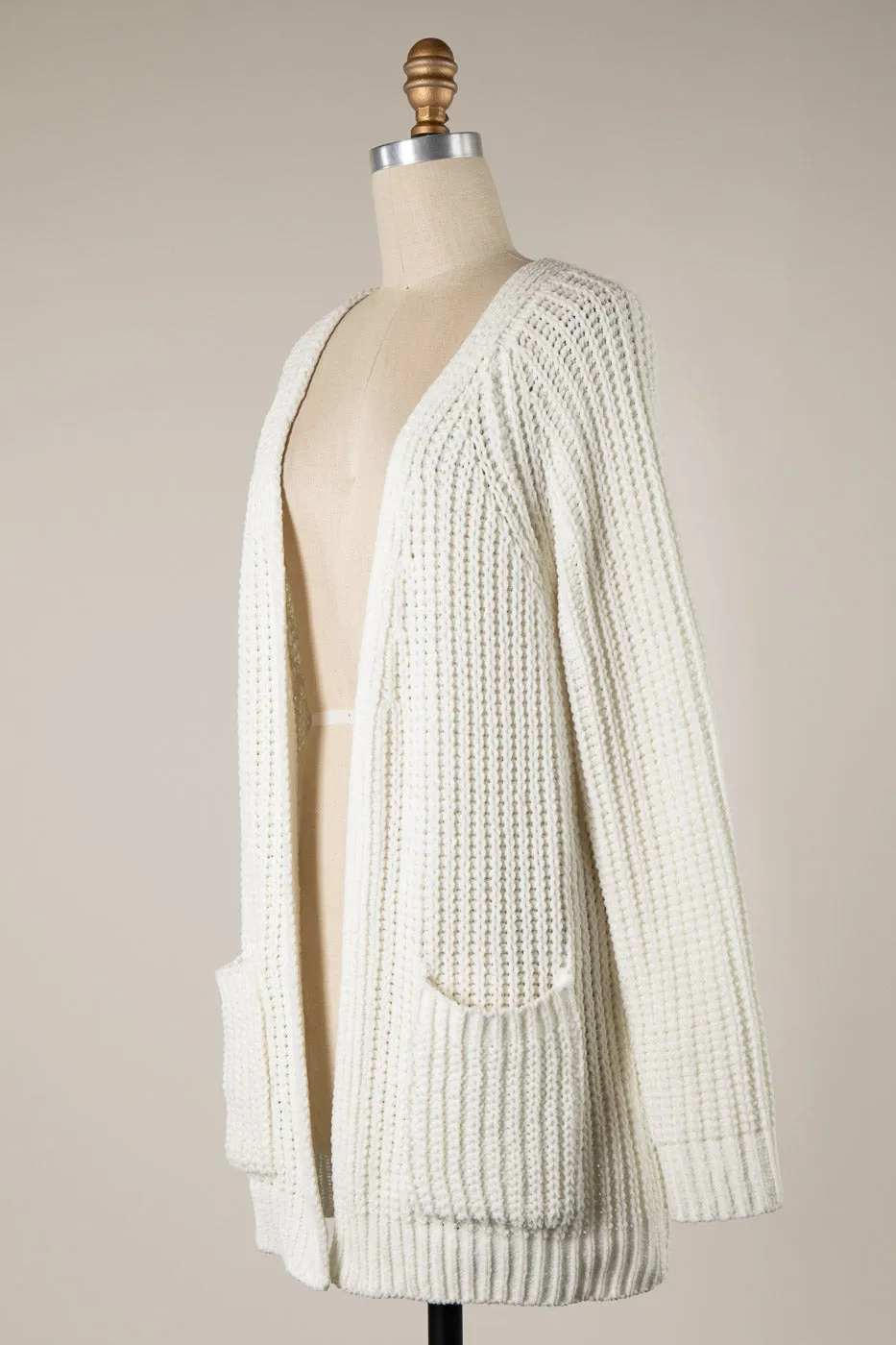 RIBBED TRIM CABLE KNIT CHENILLE CARDIGAN 1 PACK