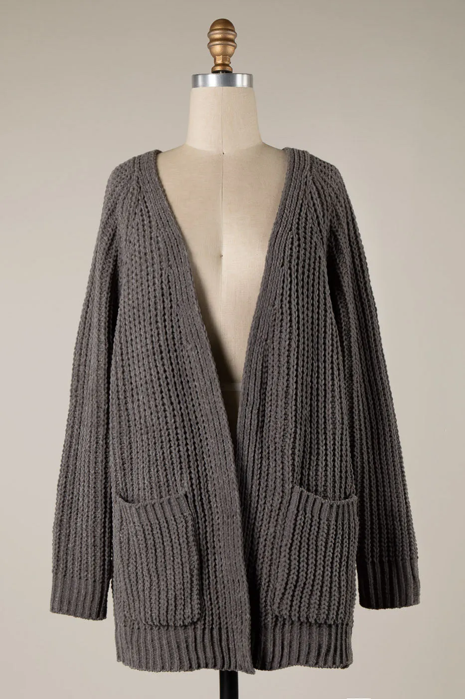 RIBBED TRIM CABLE KNIT CHENILLE CARDIGAN 1 PACK