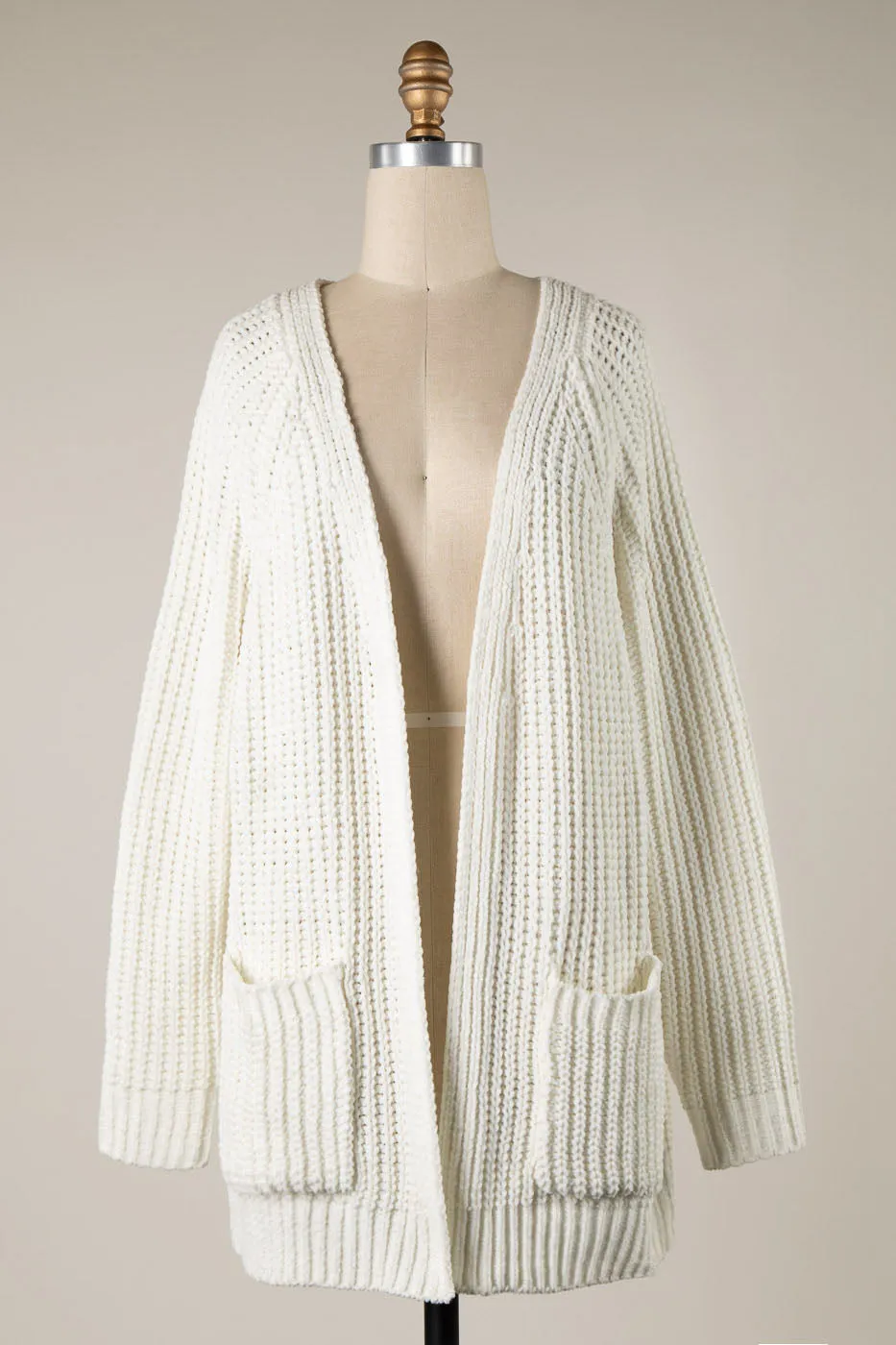 RIBBED TRIM CABLE KNIT CHENILLE CARDIGAN 1 PACK