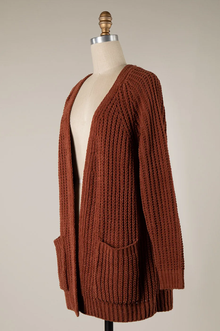 RIBBED TRIM CABLE KNIT CHENILLE CARDIGAN 1 PACK