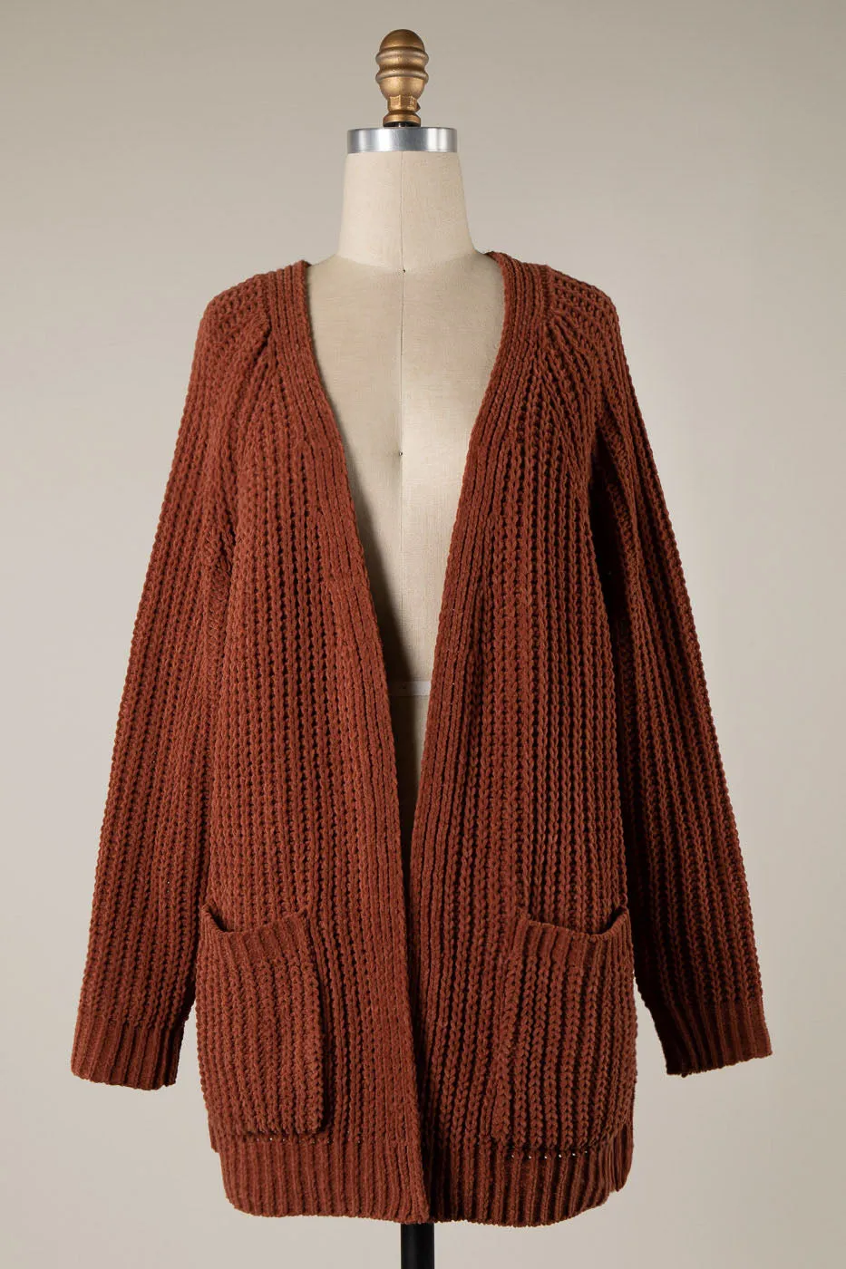 RIBBED TRIM CABLE KNIT CHENILLE CARDIGAN 1 PACK