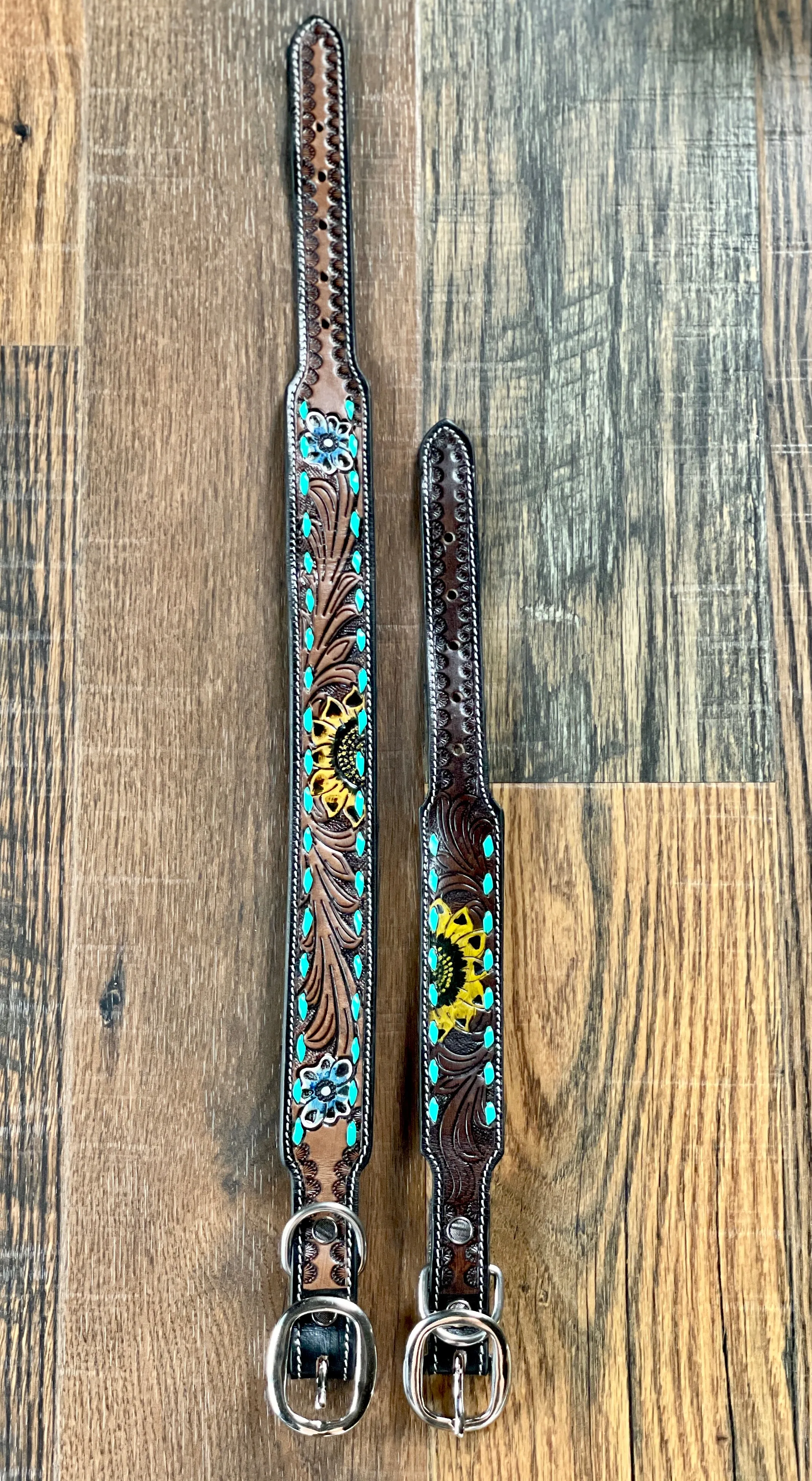 SCENIC SUNFLOWER HAND-TOOLED PADDED LEATHER DOG COLLAR