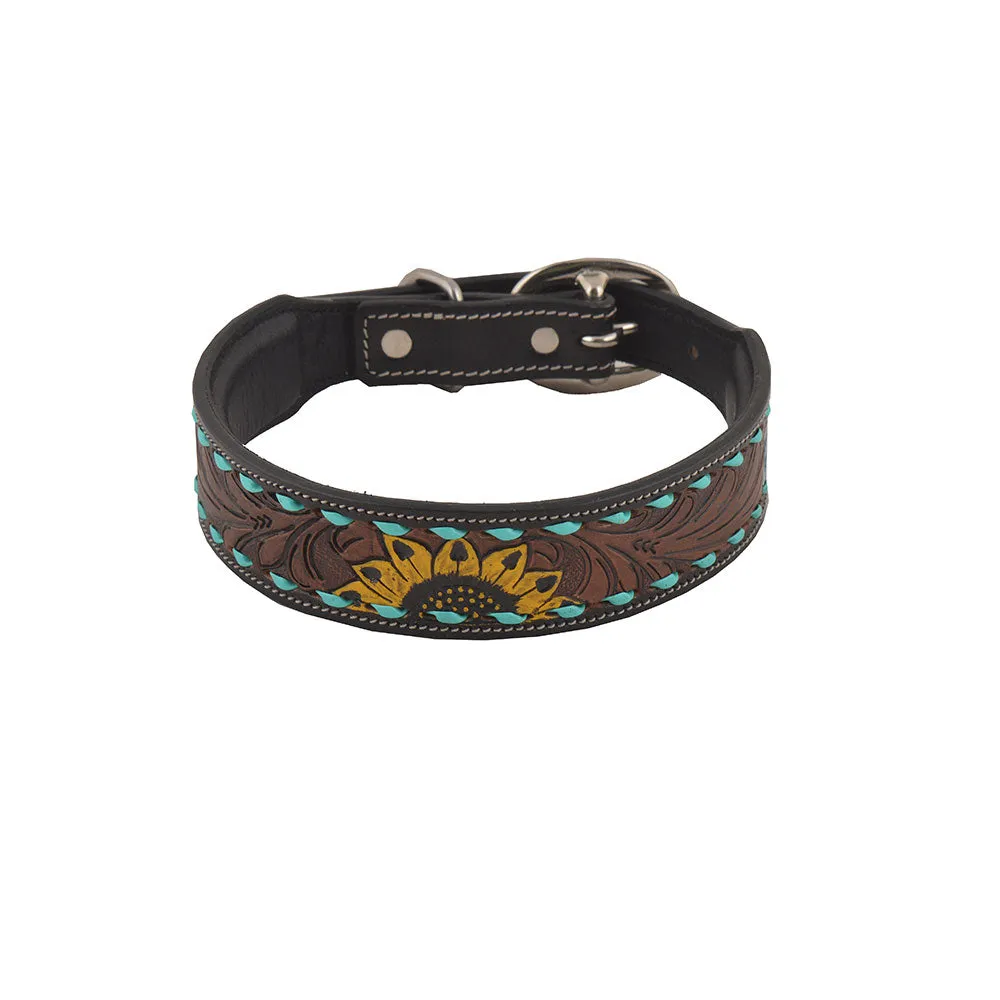 SCENIC SUNFLOWER HAND-TOOLED PADDED LEATHER DOG COLLAR