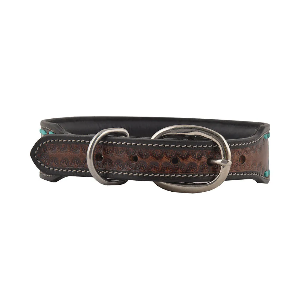 SCENIC SUNFLOWER HAND-TOOLED PADDED LEATHER DOG COLLAR