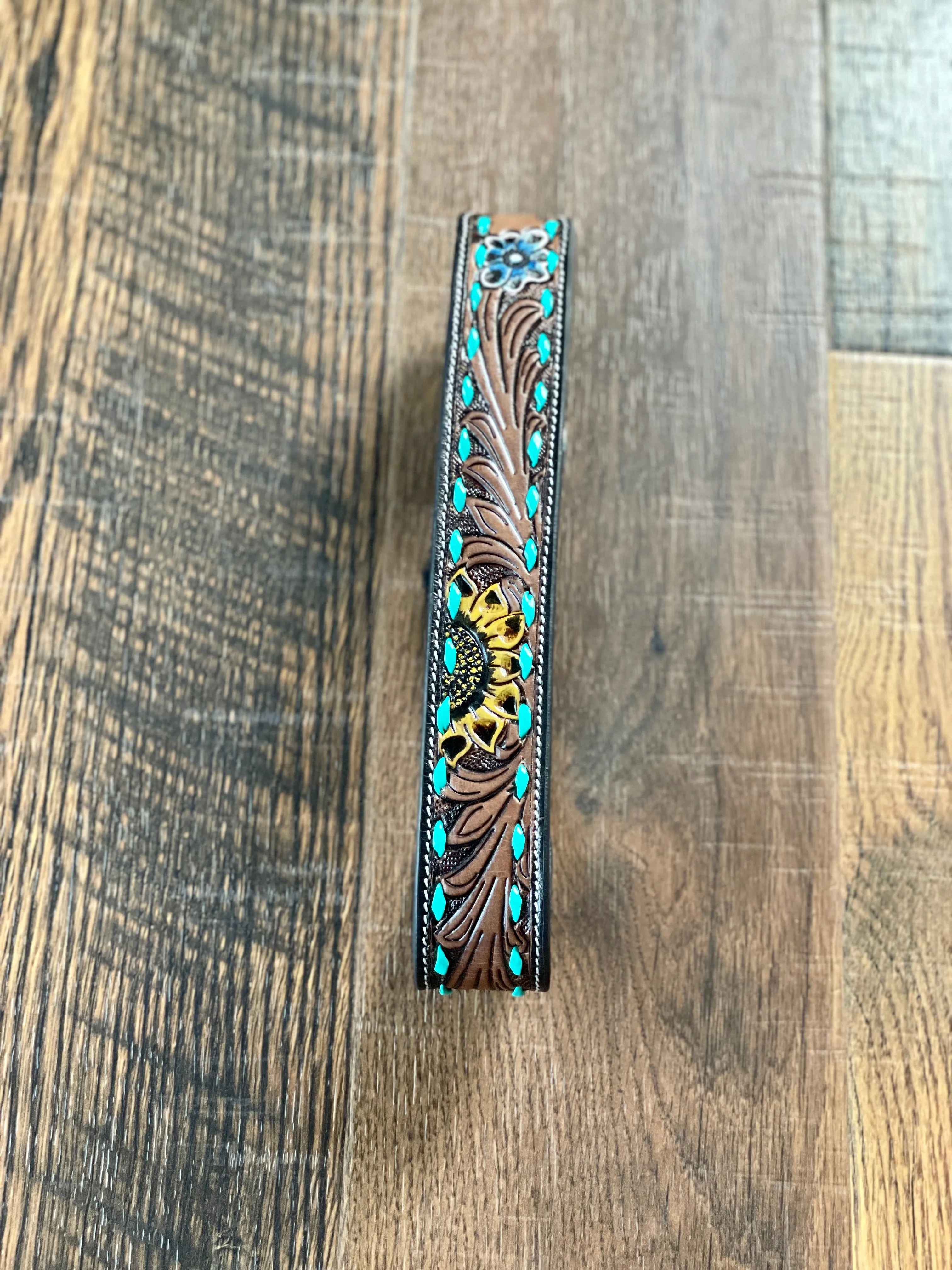 SCENIC SUNFLOWER HAND-TOOLED PADDED LEATHER DOG COLLAR