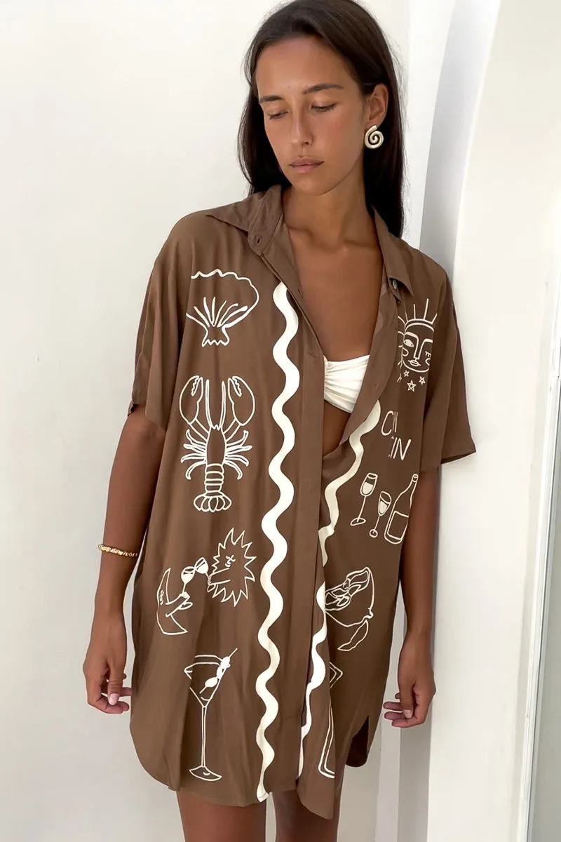 Wine Club Shirt Dress - Brown | Short Sleeve