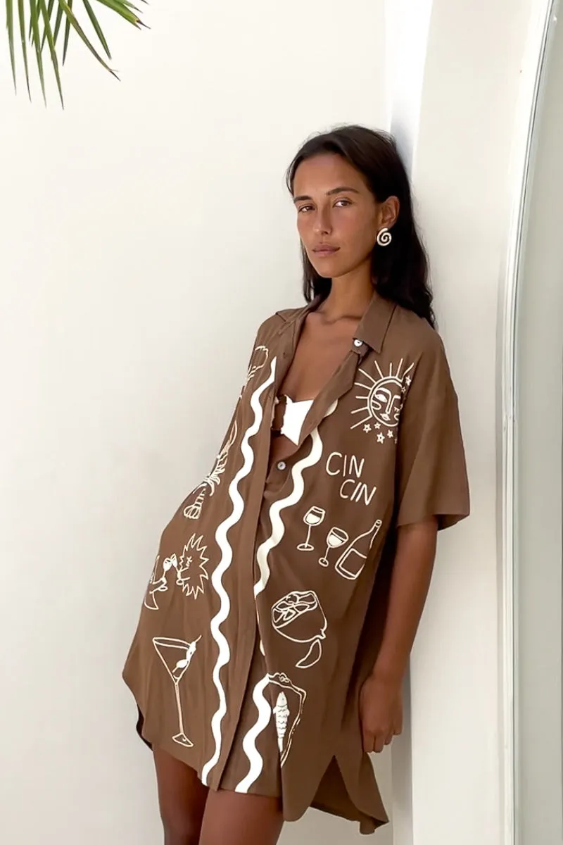 Wine Club Shirt Dress - Brown | Short Sleeve