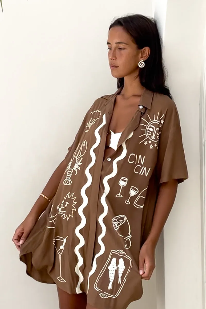 Wine Club Shirt Dress - Brown | Short Sleeve