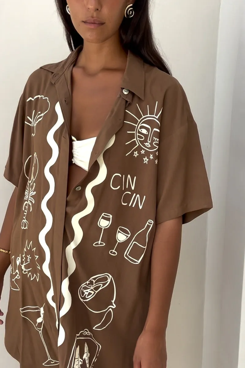 Wine Club Shirt Dress - Brown | Short Sleeve