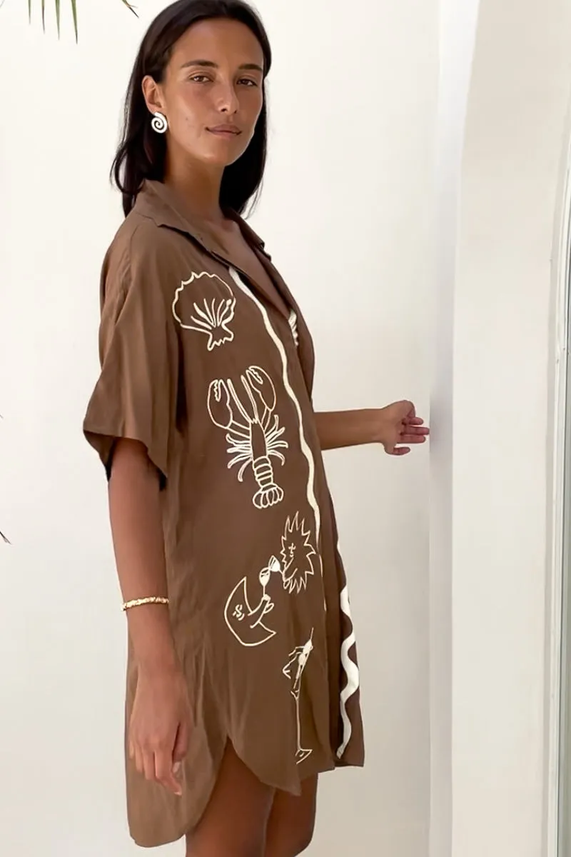 Wine Club Shirt Dress - Brown | Short Sleeve