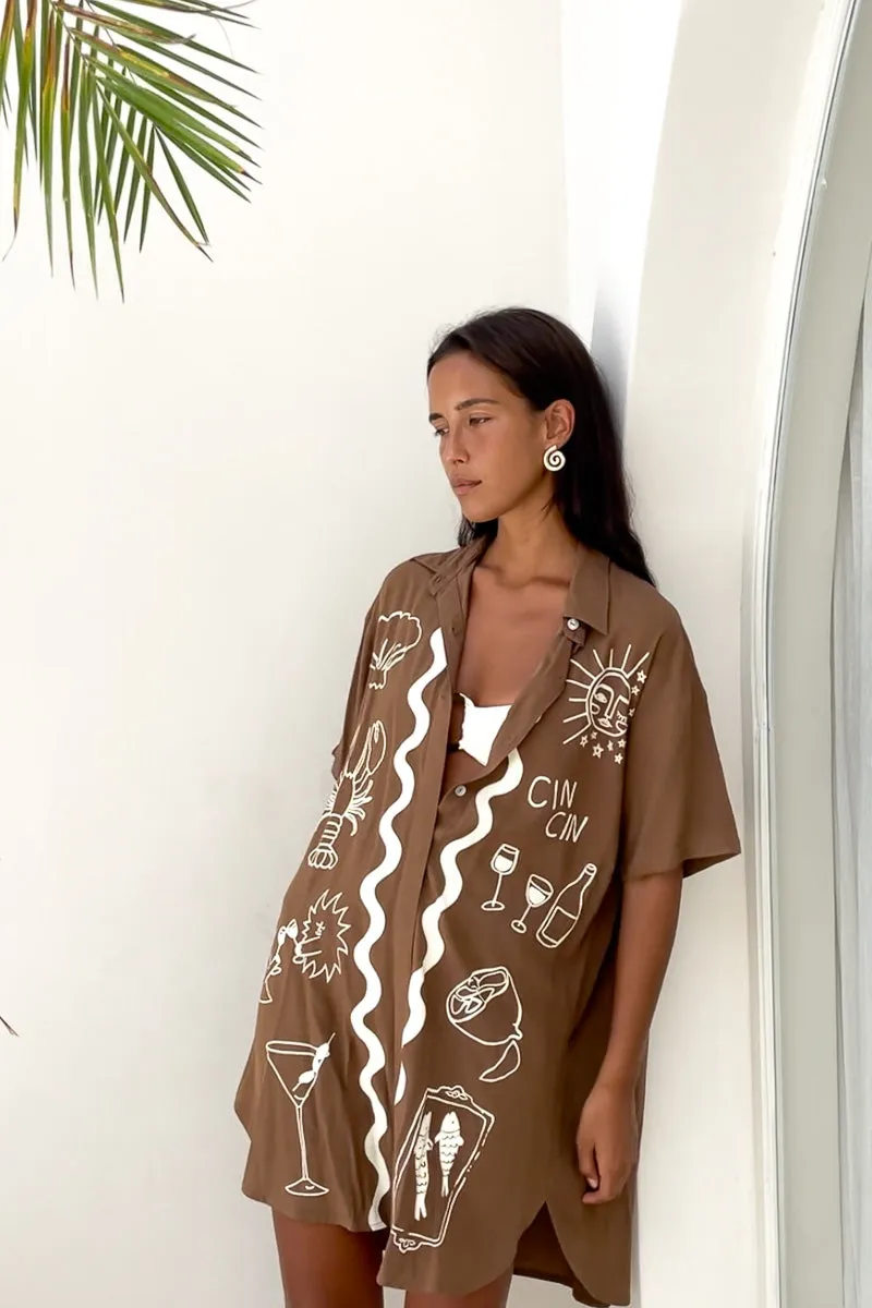 Wine Club Shirt Dress - Brown | Short Sleeve