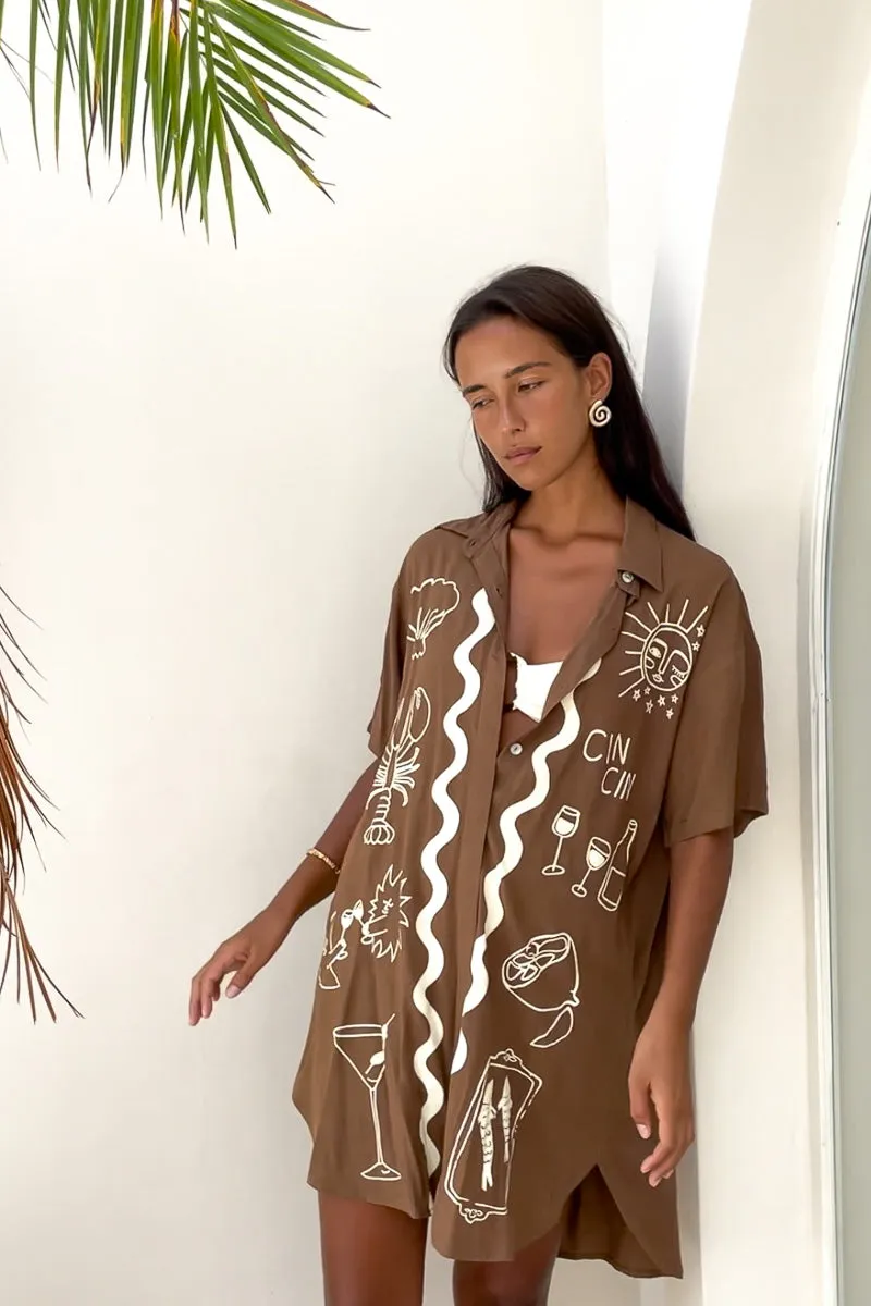 Wine Club Shirt Dress - Brown | Short Sleeve
