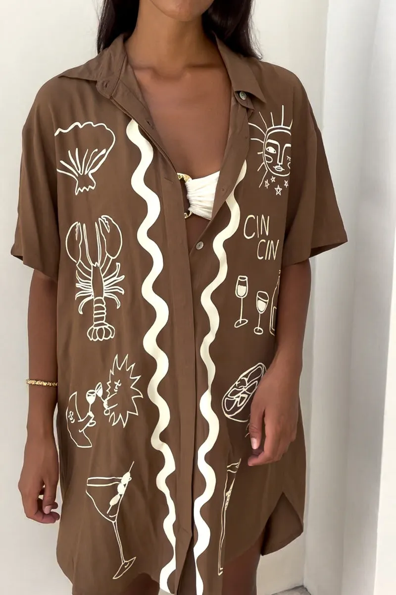 Wine Club Shirt Dress - Brown | Short Sleeve
