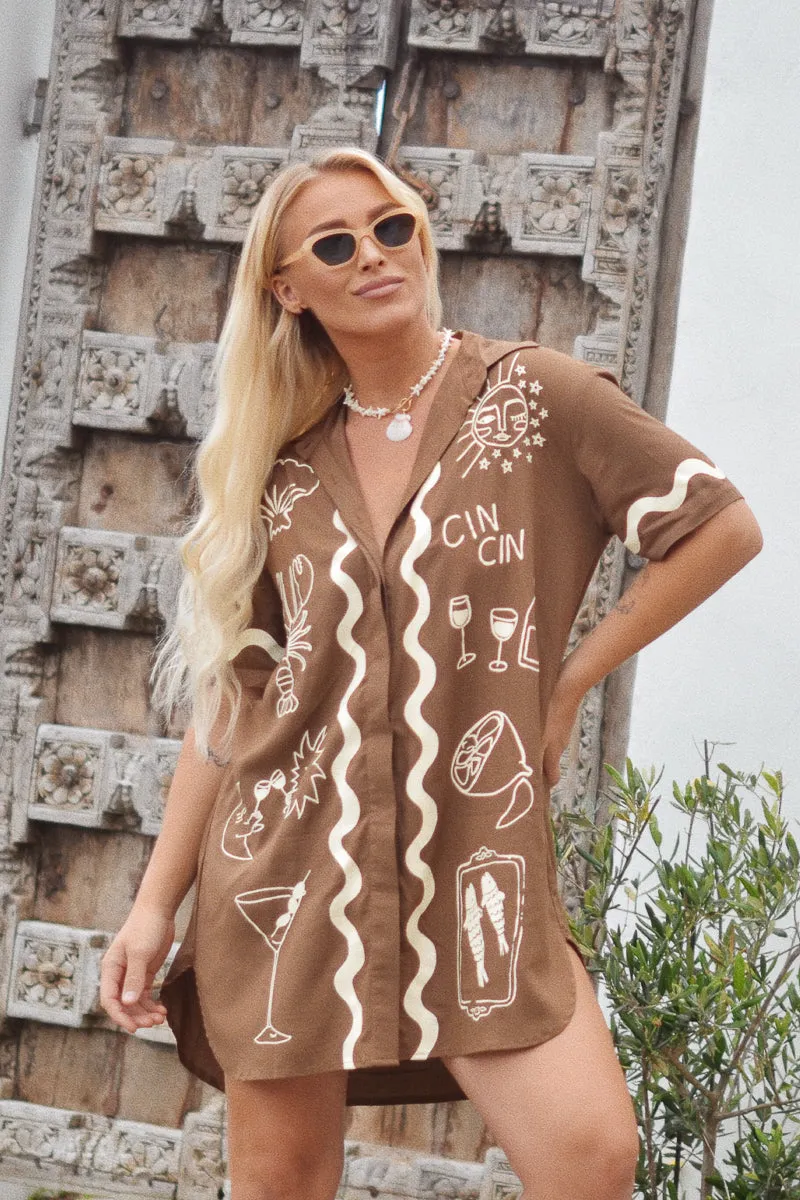 Wine Club Shirt Dress - Brown | Short Sleeve