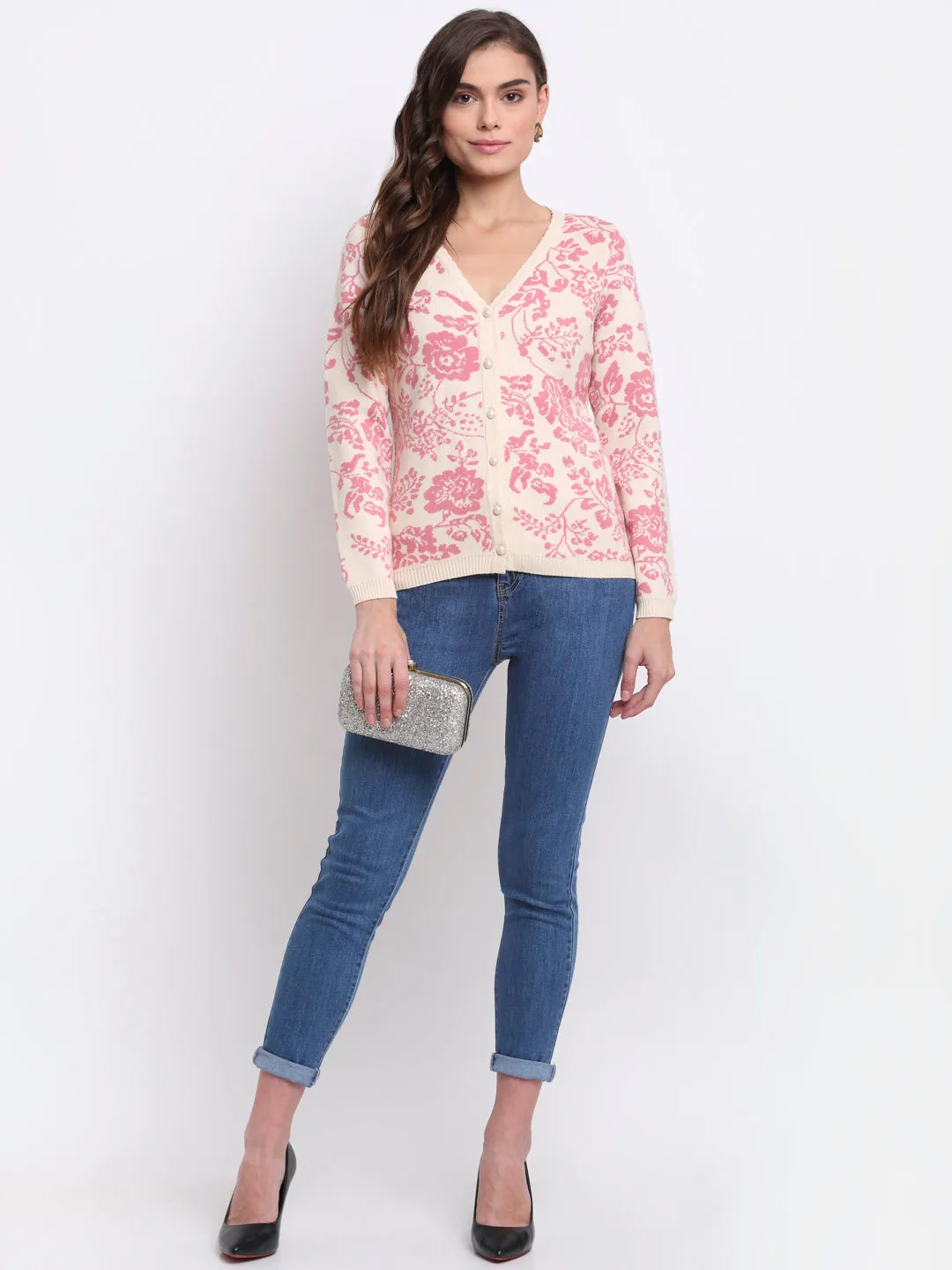 Women Pink Regular Fit Floral Printed Knitted Cardigan