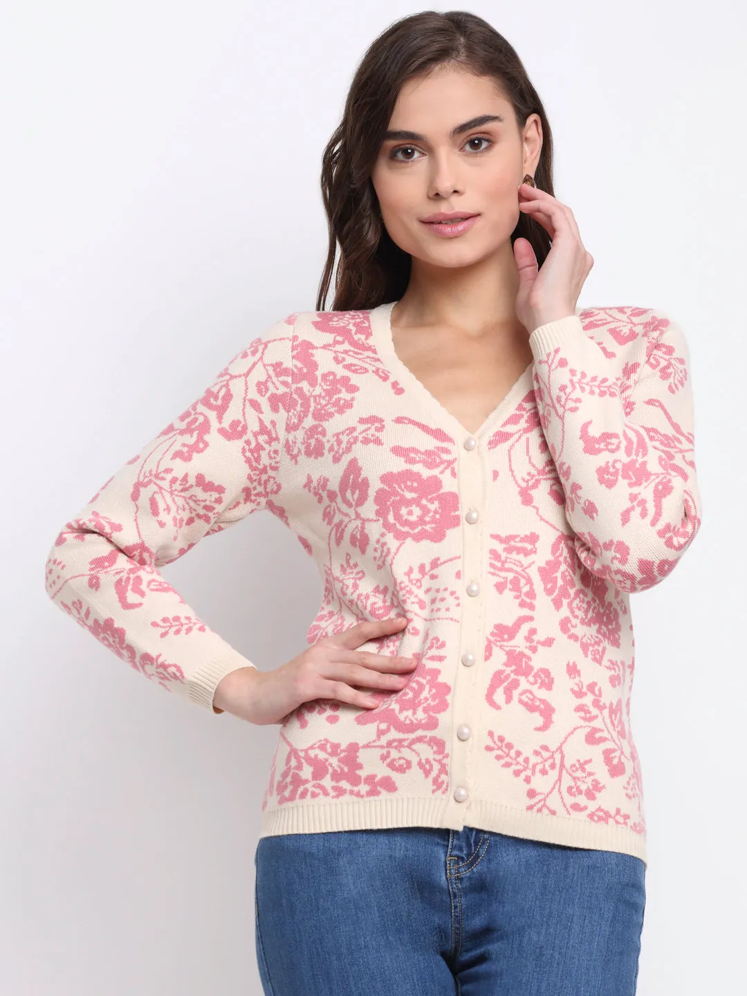 Women Pink Regular Fit Floral Printed Knitted Cardigan